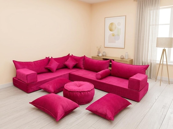 Pink Velvet Floor Seating Sofa: Modern L Shape Corner Lounge Set