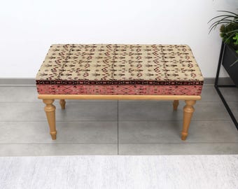 Upholstered Ottoman Rustic Kilim Bench, Handmade Decorative Seat for Bedroom, Turkish Accent Pouf, Entryway Furniture, Coffee Room
