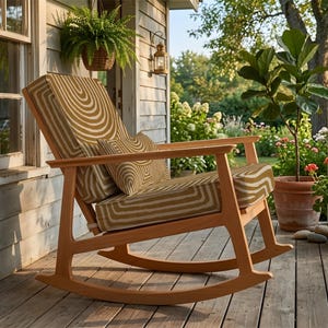 May include: A wooden rocking chair with a light brown finish. The seat and back cushions have a repeating pattern of concentric, curved lines in tan and cream. The chair is on a wooden porch, with plants and a hanging lantern in the background.