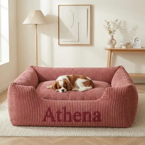 May include: A dusty rose corduroy dog bed with the name "Athena" embroidered in a darker shade. A Cavalier King Charles Spaniel dog is resting on the bed. The bed has a rectangular shape with raised sides.