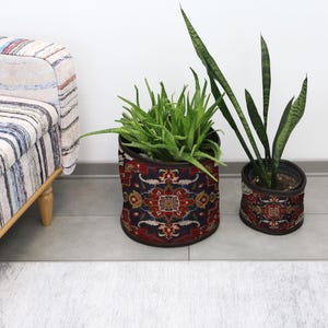 May include: Two decorative plant pots with a patterned design, one large and one small, sit on a gray floor. The larger pot contains green plants, while the smaller pot holds a snake plant. A striped bench is partially visible.