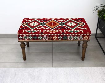 Banco de mesa de centro tapizado con kilim, asiento otomano estampado, taburete rústico para entrada, otomana de dormitorio, muebles tribales turcos, banco de dormitorio