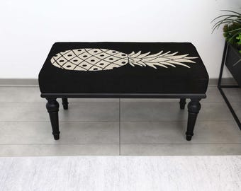 Upholstered Ottoman Bench, Rustic Handmade Kilim Seat, Turkish Decorative Bedroom Pouf, Living Room Coffee Entryway Accent Furniture