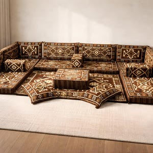 Brown Turkish Majlis Floor Seating, Oriental Kilim Sofa Set, Handmade Cushions, Boho Arabic Decor