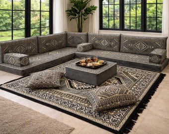Seduta da pavimento in kilim grigio, set di divani Majlis turchi, divano basso orientale, soggiorno etnico minimalista, mobili tradizionali fatti a mano