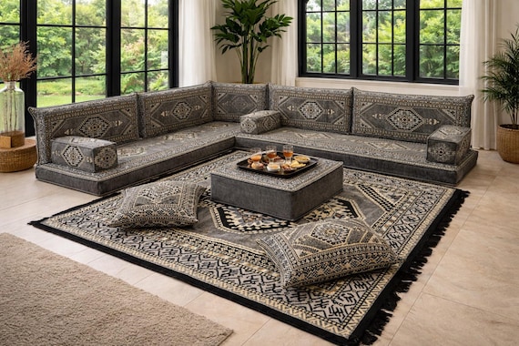 Gray Kilim Floor Seating, Turkish Majlis Sofa Set, Oriental Low Couch, Minimal Ethnic Living Room, Handmade Traditional Furniture