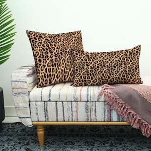 Leopard Print Throw Pillows, Large Square and Smaller Rectangular Cushion with Dense Black Spots on Tan Background for Stylish Decor, Pillow