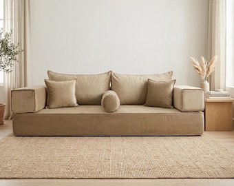 Wasbare slaapbank fluwelen stof, bank yoga-meditatie vloer, modulair poef logeerbed, ruimtebesparende loungebank, bank klein appartement