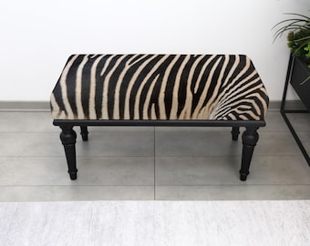 Ławka z nadrukiem zebry, tapicerowane siedzisko z nadrukiem zwierzęcym, ławka kawowa do sypialni w przedpokoju, dekoracyjny, estetyczny puf do domu, stołek do sypialni, ławka