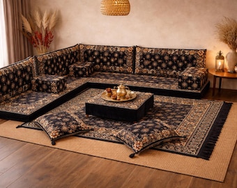 Navy Oriental Turkish Floor Sofa Set, Majlis Seating, Handmade Kilim Cushions, Luxury Arabic Living Room