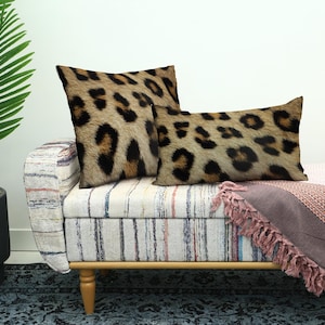 Leopard Printed Pillow, Tan and Black Animal Patterned Square and Rectangular Cushions for Stylish Home Decor Accents, Soft Floor Cushion
