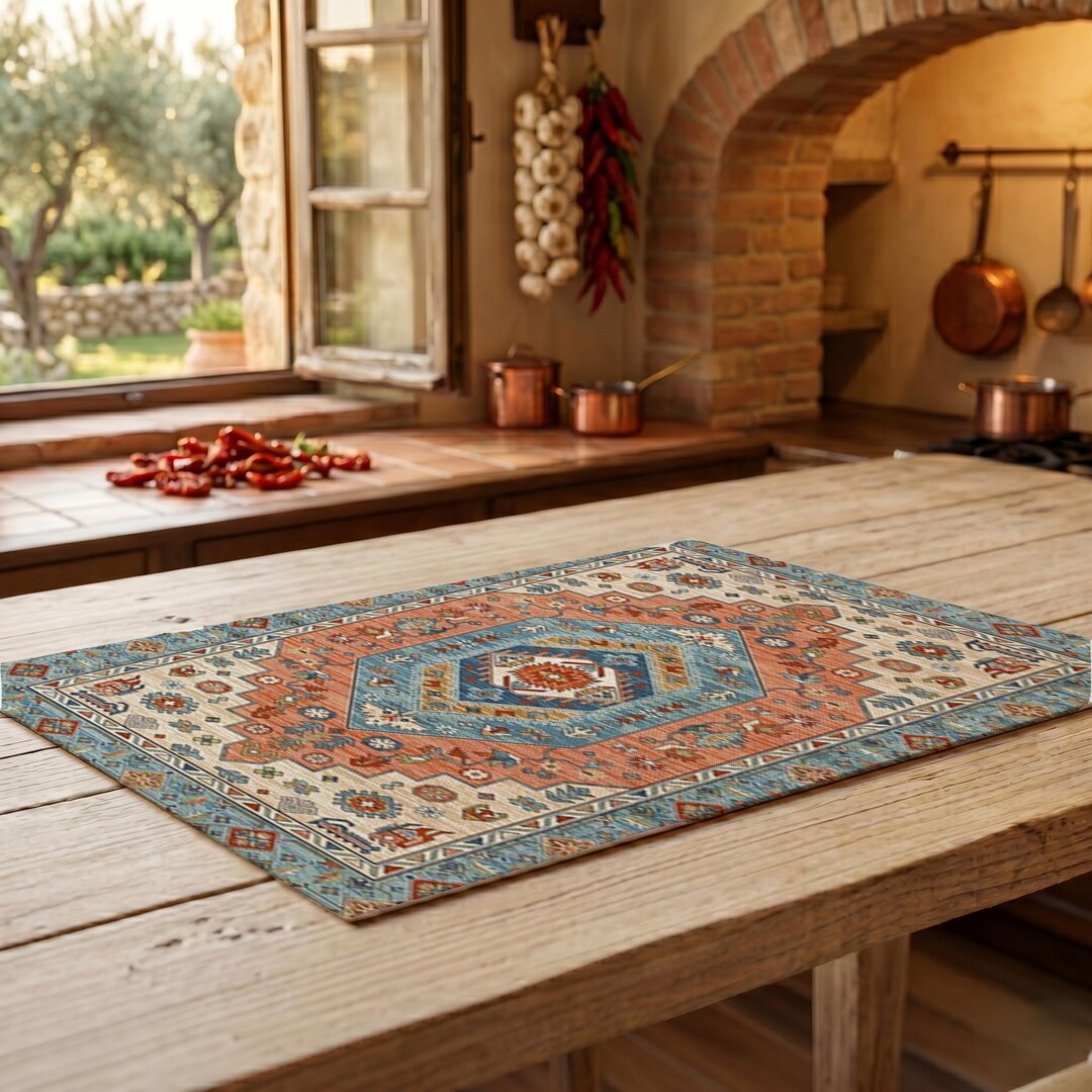 Fabric Rustic Rug Oushak Style Mat, Dining Set, Bohemian Vibe Mat, Kilim Print, Rustic ...