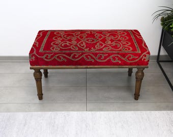 Rustieke decoratieve Ottomaanse bank, handgemaakte gestoffeerde kelim poef, Turks accentmeubilair, woonkamerstoel, slaapkamer hal koffiekruk