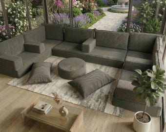 Sofá modular de terciopelo estilo U para sentarse en el suelo, cojín de sofá de pana, decoración tradicional para el hogar.