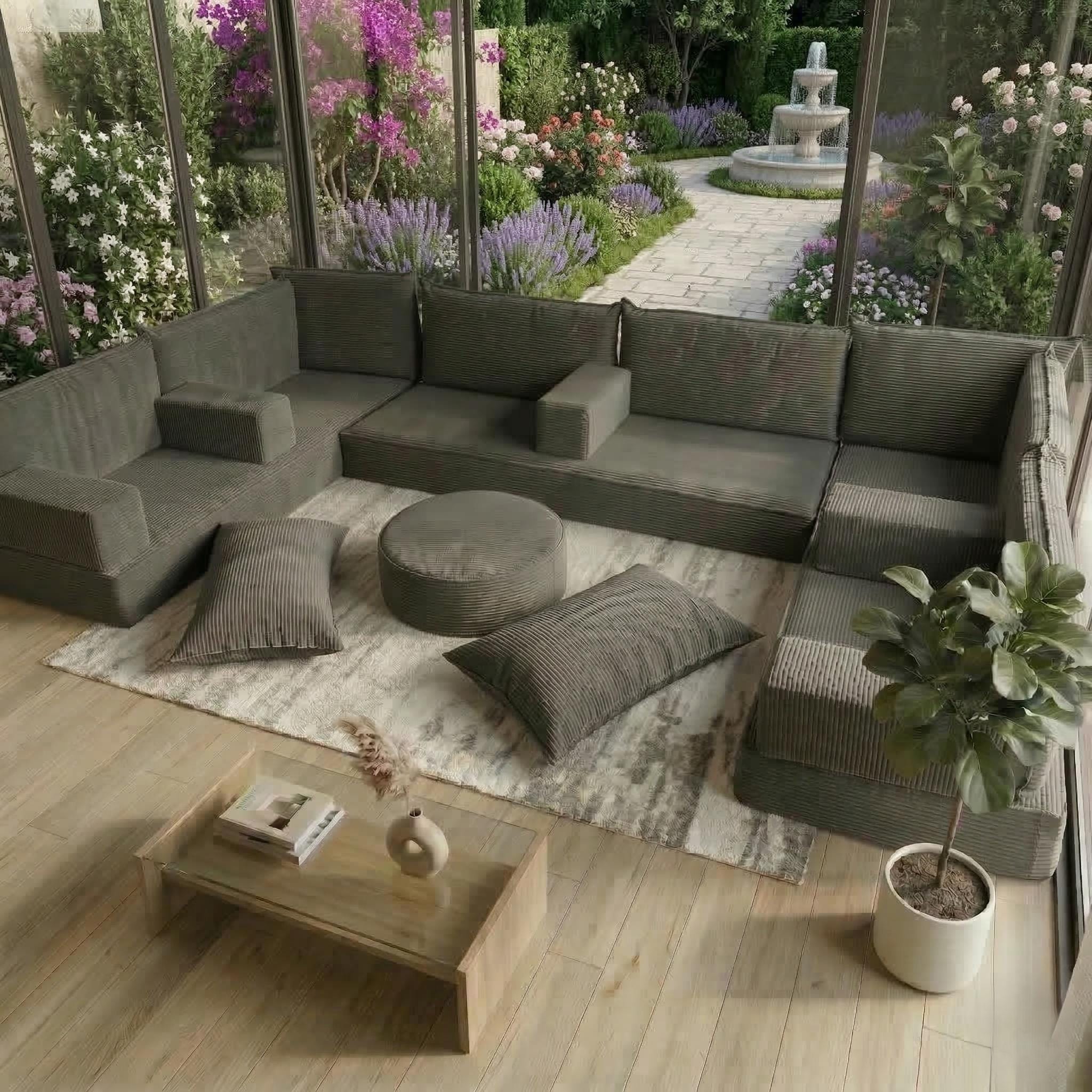 Velvet U-style Modular Floor Seating Couch, Corduroy Sofa Cushion, Traditional Home Decor