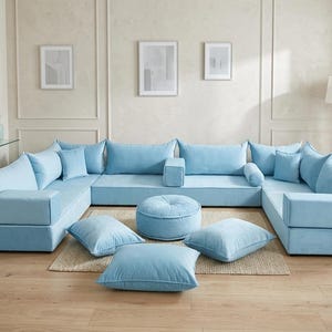Blue Velvet U-Shaped Floor Sofa Set - Arabic Majlis Seating