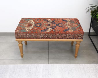 Upholstered Rustic Kilim Ottoman Bench, Handmade Turkish Decorative Seat, Bedroom Accent Pouf, Entryway Furniture, Living Room Accent