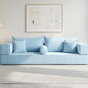 Blue Velvet Floor Seating Couch: Minimalist Daybed Lounge Set