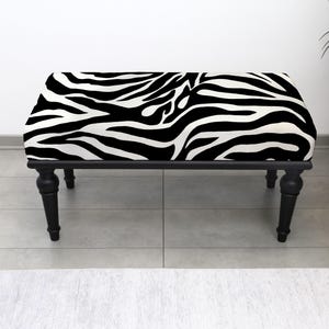 Zebra Printed Bench, Animal Printed Upholstered Ottoman, Bedroom Entryway Seating, Decorative Multi-Purpose Footstool for Home, Zebra Stool