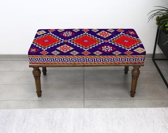 Banco otomano rústico tapizado con kilim, puf turco tapizado, asiento decorativo para dormitorio, mueble de entrada, taburete de café acogedor