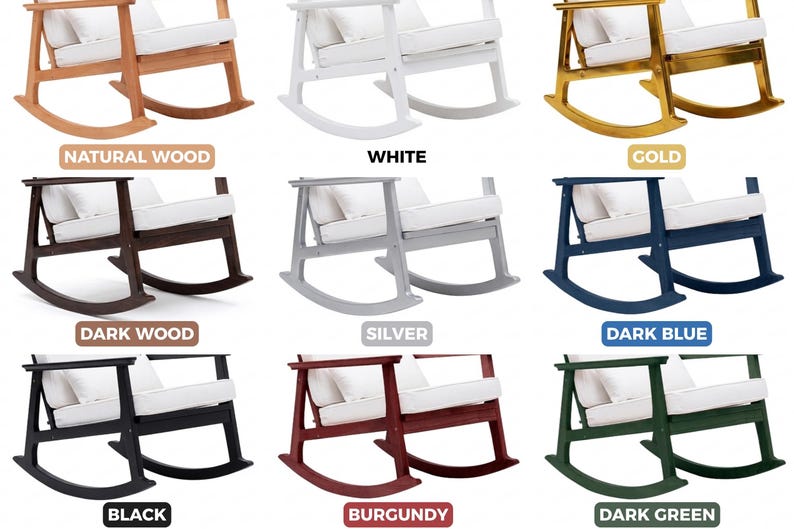 May include: A selection of rocking chairs in different colours: natural wood, white, gold, dark wood, silver, dark blue, black, burgundy, and dark green. Each chair has a white cushion and pillow.