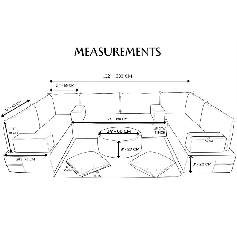 Op de afbeelding: Diagram van een U-vormige hoekbank met afmetingen in cm en inches. De bank heeft een ronde poef en twee vierkante kussens. De totale lengte is 330 cm (132 inch).