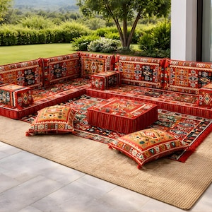 Red Turkish Floor Sofa Set, Handmade Kilim Seating, Oriental Majlis Decor, Low Seating Arrangement, Boho Ethnic Living Room