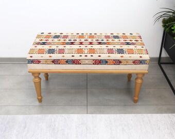 Banco Kilim turco tapizado, banco otomano tapizado, mueble rústico para entrada, puf para dormitorio, taburete para sala de estar