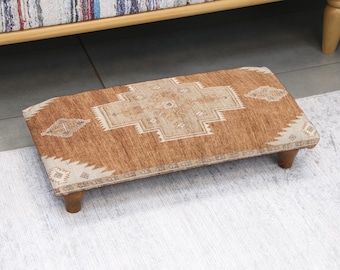 Decorative Ottoman Footstool, Handmade Retro Upholstered Cozy Footrest, Turkish Inspired Stool for Bedroom, Entryway, or Living Room