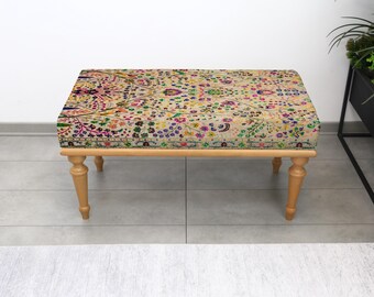 Rustic Turkish Upholstered Handmade Kilim Ottoman Bench, Decorative Seat for Bedroom, Living Room Pouf Accent, Entryway Furniture