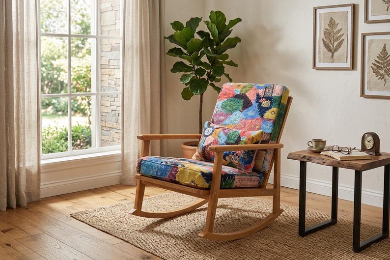 May include: A wooden rocking chair with a colourful patchwork cushion and backrest. The chair sits on a woven rug in a room with a side table, a window, and framed botanical prints.