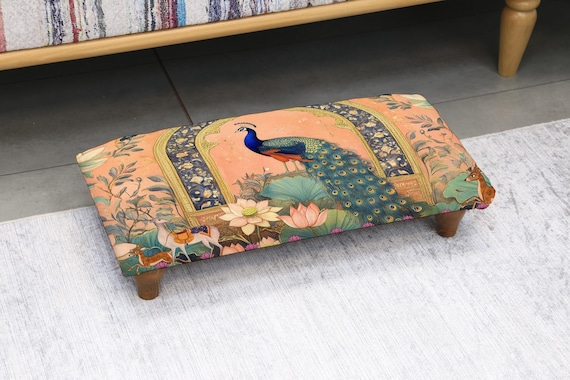 Elegant Ottoman Footstool, Upholstered Retro Cozy Footrest, Turkish Inspired Decorative Stool for Bedroom, Office, or Living Room