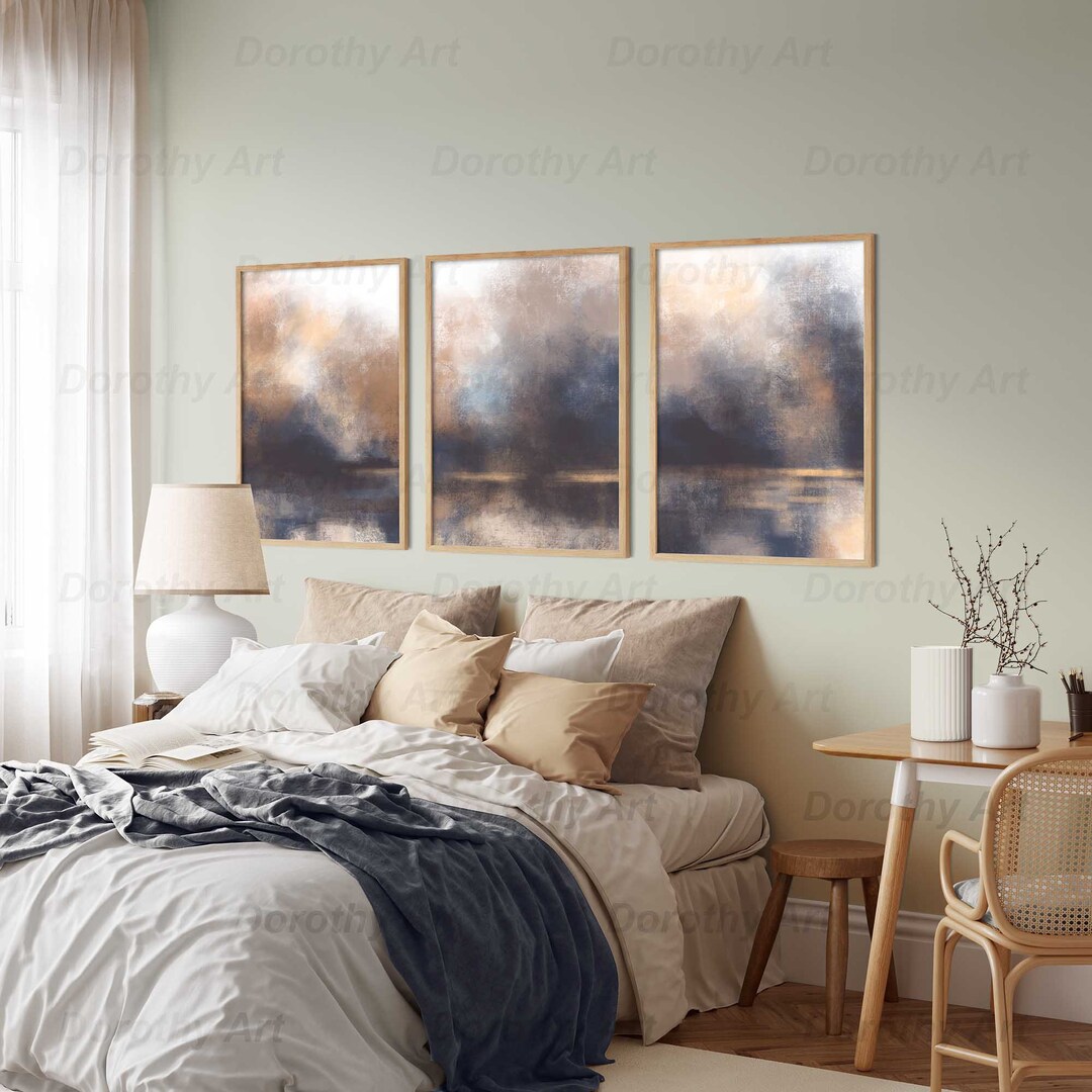 Wall Art 50cmx70cm Navy Pink Beige 3 Sets Black Frame Canvas