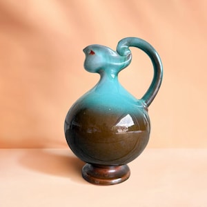 Vintage drip glaze pitcher – turquoise and brown ceramic jug with curved handle and bird-shaped neck - 25cm