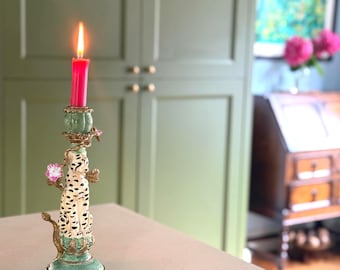 Spotted Leopard Candle Holder, Animal Candlestick, Decorative, Regency Style, Turquoise Detailing, Ornament, Vintage Candle
