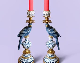 Rosa | Pair of Blue Bird Candle Holders, Parrot Candestick, Décor, Vintage Style, Ornamental, Gift