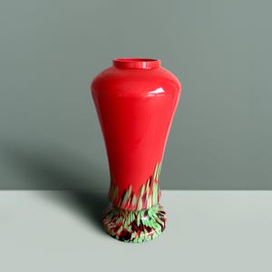 Vibrant cherry red Bohemian glass vase, 28cm tall – vintage art glass with lime and aubergine accents