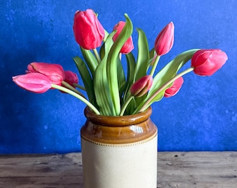 Vintage farmhouse vase of everlasting red tulips / artificial faux flowers / tulips
