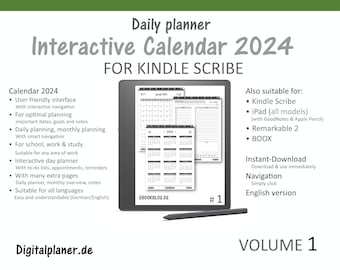 Calendrier 2024 pour Kindle Scribe | Planificateur quotidien | Planificateur interactif | Également pour Remarkable 2 ou iPad | Planificateur annuel | version anglaise