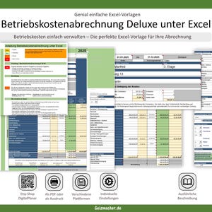 Könnte beinhalten: Eine digitale Tabellenvorlage zur Verwaltung von Betriebskosten, betitelt "Betriebskostenabrechnung Deluxe unter Excel". Das Bild zeigt mehrere Excel-Fenster mit Dateneingabefeldern, Diagrammen und Anweisungen. Die Vorlage ist auf verschiedenen Plattformen verfügbar.