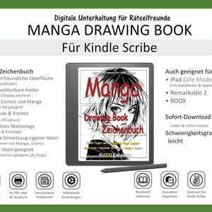 Peut inclure: Un livre de dessin manga numérique pour Kindle Scribe comprenant une tablette noire et un stylet. L'écran affiche une illustration de personnage manga avec le texte Manga Drawing Book Zeichenbuch et des listes à puces de fonctionnalités.