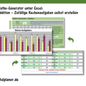 Könnte beinhalten: Ein Screenshot eines Computerbildschirms, der ein Programm zeigt, das Additionsprobleme generiert. Das Programm heißt "Mathe-Generator" und soll Schülern beim Erlernen der Addition helfen. Das Programm zeigt eine Reihe von Additionsproblemen mit den Lösungen an. Das Programm enthält auch eine Nachricht, die lautet "Tommy! Toll, natürlich kein Fehler!" was mit "Tommy! Toll, natürlich kein Fehler!" übersetzt werden kann.