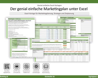 May include: A digital marketing plan template in Excel, with multiple spreadsheet views. The image features the text "Der genial einfache Marketingplan unter Excel" and "Excel-Vorlage für Marketingplanung, Strategie und Zielplanung". The template includes sections for introduction, budget, and settings.