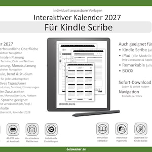 Könnte beinhalten: Interaktiver Kalender 2027 für Kindle Scribe, dargestellt auf einem Tablet mit Stift. Das Bild zeigt deutsche Texte, die Funktionen wie interaktive Navigation, Tages- und Monatsplanung beschreiben. Geeignet für Schule, Beruf und Studium.