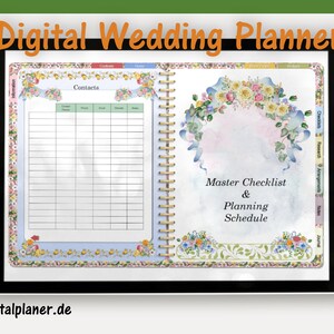 Könnte beinhalten: Ein digitaler Hochzeitsplaner auf einem Tablet-Bildschirm. Der Planer hat ein florales Design und beinhaltet eine Kontaktseite sowie eine Master-Checkliste und einen Planungsplan.
