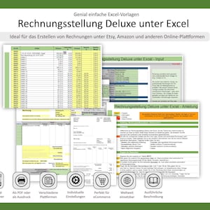 May include: Digital Excel invoice templates, titled "Rechnungsstellung Deluxe unter Excel". The image displays screenshots of Excel spreadsheets. Text reads "Ideal for creating invoices on Etsy, Amazon and other online platforms".