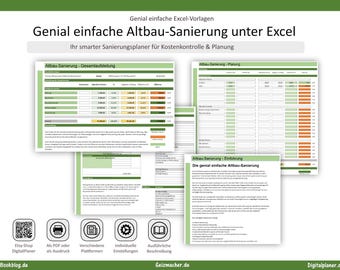 Puede incluir: Una plantilla de hoja de cálculo de Excel para la planificación de reformas titulada Genial einfache Altbau-Sanierung unter Excel. El documento incluye tablas para el control de costes, planificación y una página de introducción.