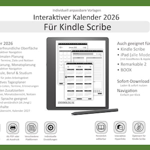Könnte beinhalten: Ein digitaler interaktiver Kalender für Kindle Scribe, mit Tablet und Stift. Der Kalender enthält Tages-, Monats- und Jahresansichten mit interaktiver Navigation. Er ist für Schule, Beruf und Studium konzipiert und für alle Sprachen geeignet.