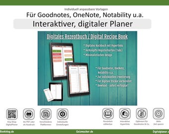 May include: A digital planner and recipe book displayed on multiple tablet screens against a teal wooden background. The text includes "Digitales Rezeptbuch / Digital Recipe Book" and lists features for Goodnotes, OneNote, and Notability.