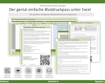 May include: A digital product with the title "Der genial einfache Blutdruckpass unter Excel" in German. The image shows several documents with text and charts related to blood pressure monitoring, with the text "Blutdruckpass unter Excel" visible. The product is designed for use with Excel.